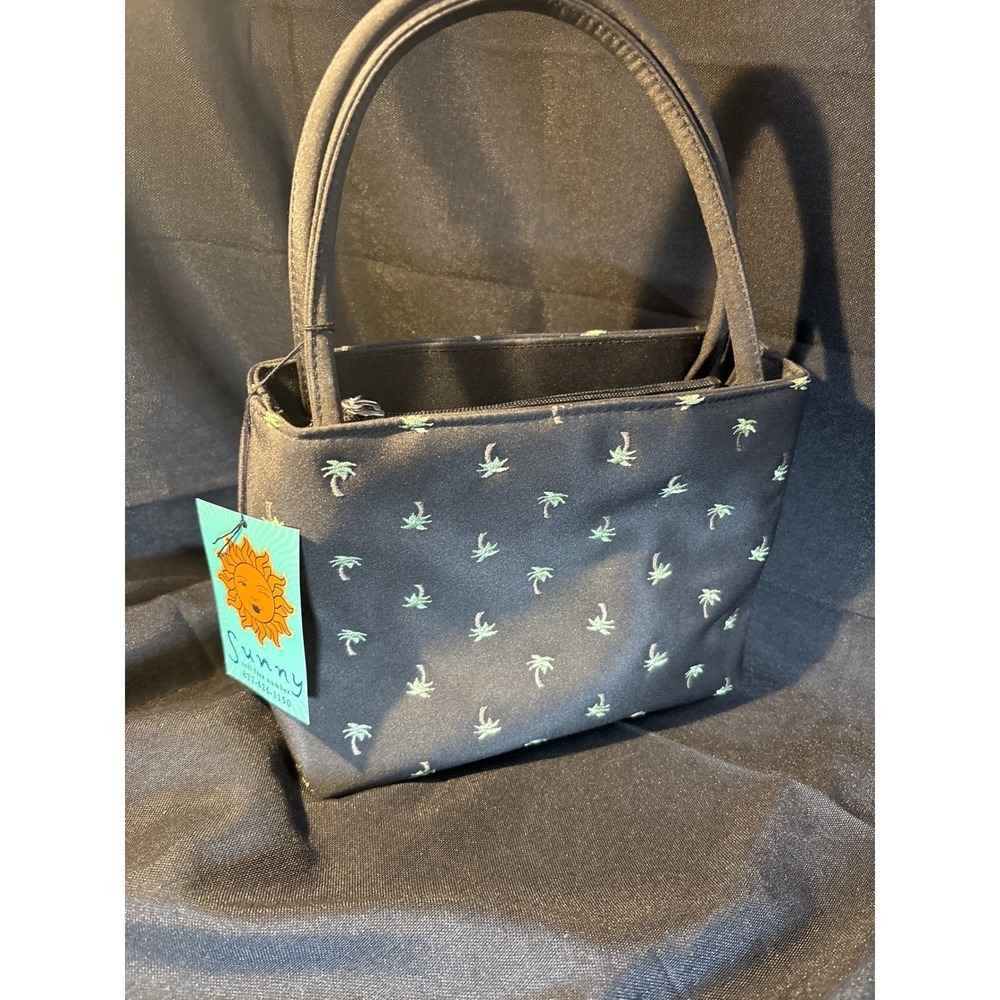 Charming Black Palm Tree Print Mini Handbag Top Handle Zippered Pouch Small Bag